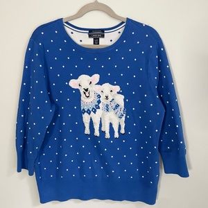 Lands’ End 3/4 Sleeve Blue Polka Dot Holiday Lamb Sweater Thick Supima Cotton LG